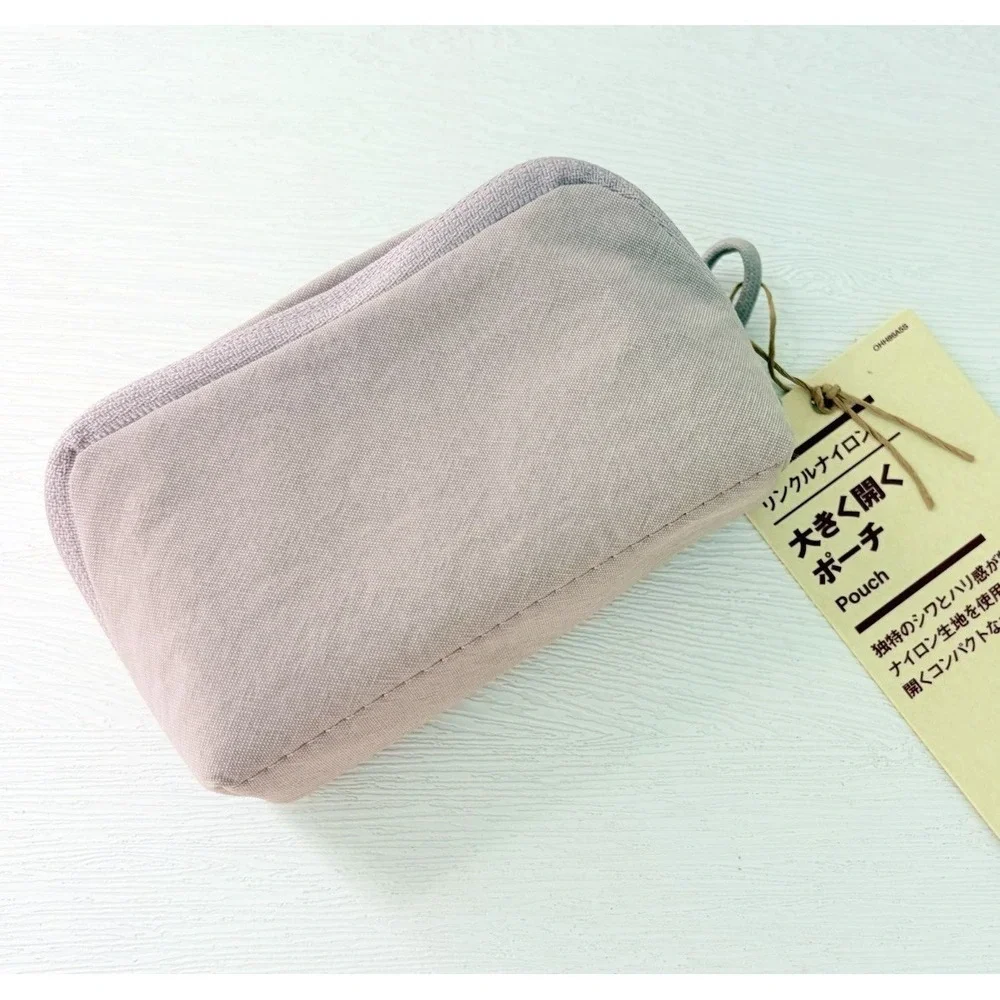 NEW MUJI Wrinkle Nylon Wide Opening Pouch Pink Small Organizer JAPAN